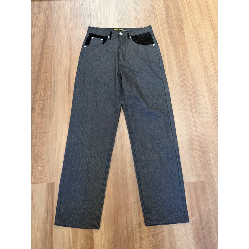 Game Time Jeans Men 30 Dark Gray Hip Hop Embroidered Velvet Trim Streetwear